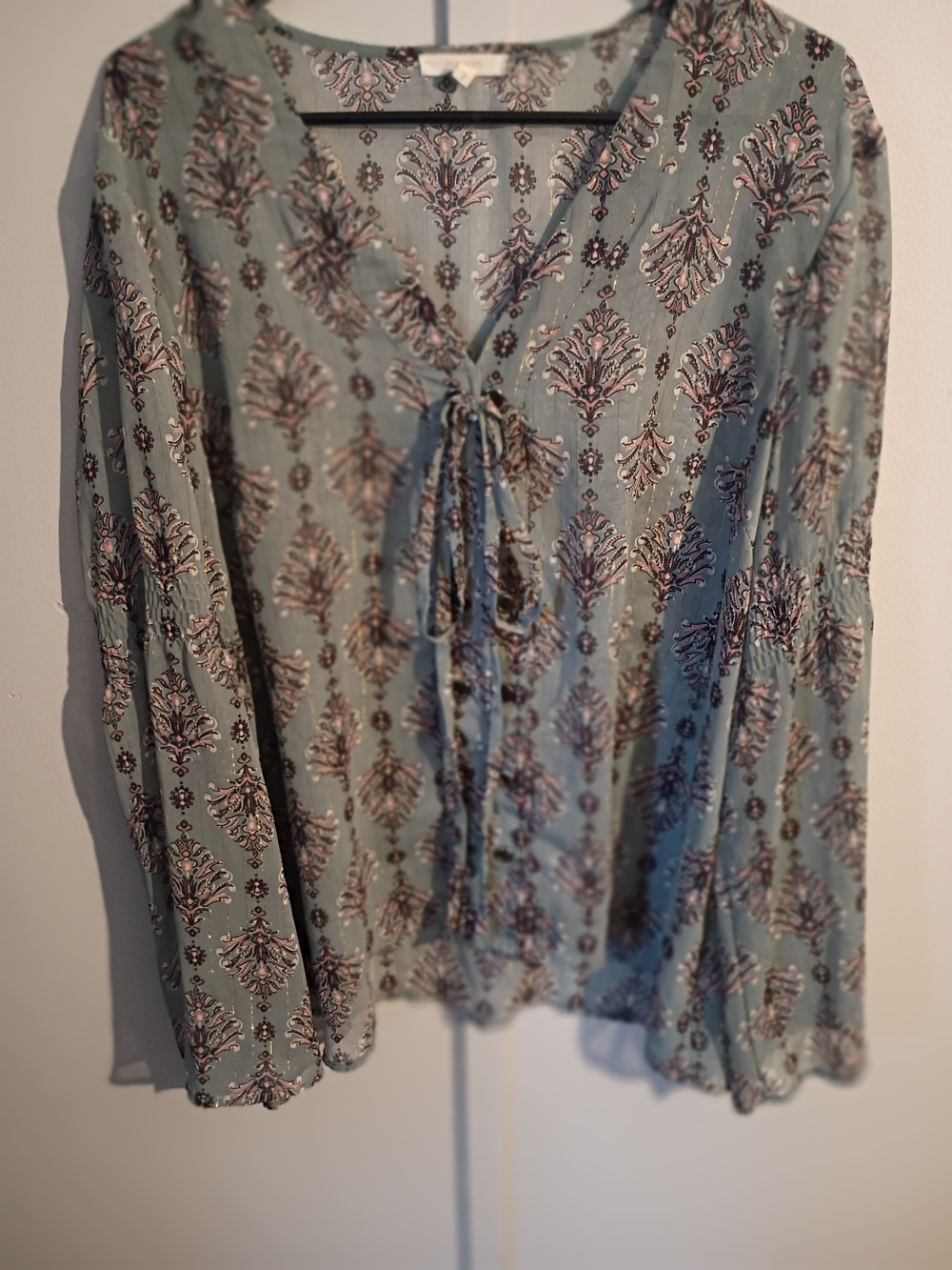 Light Sage Paisley Tie-Neck Women's Blouse